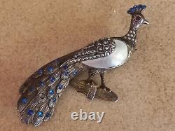 1800s ANTIQUE IMPERIAL RUSSIA RUSSIAN 84 SILVER GEMSTONE PEACOCK BROOCHE RARE