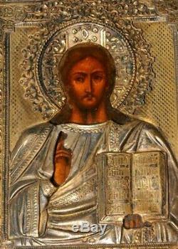 1850y. RUSSIAN ROYAL IMPERIAL ICON 84 SILVER GOLD OKLAD JESUS CRIST PANTOCRATOR