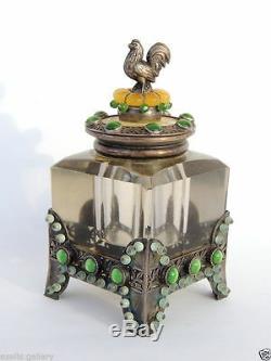 1883 ART Imperial Russian Silver 84 Inkwell Decorated Gemstones Amber, Cats Eye