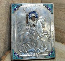 1890 Antique Imperial Russian Silver 84 Enamel Christian Icon George Victorious