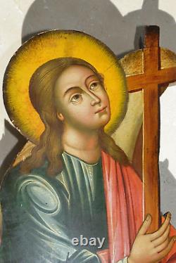 18c RUSSIAN IMPERIAL CHRISTIANITY ICON GUARDIAN ANGEL EGG PAINTING CROSS MOTHER