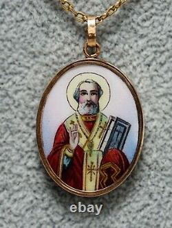 1900 Imperial Russian 56/14K Gold Enamel Saint Nicholas Neck Pendant Icon Fob