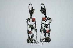 1900's Antique Imperial Russian Sterling Silver 84 Coral Womens Jewelry Earrings