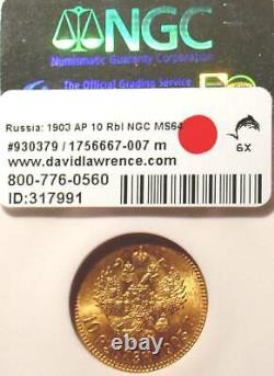 1903 Ngc Ms64 10 Roubles Russian Tzar Antique Gold Coin Imperial Antique Russia