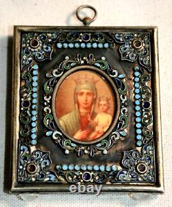 19c RUSSIAN IMPERIAL WEDDING PAIR ICONS MOTHER GOD JESUS SILVER ENAMEL PAINTING