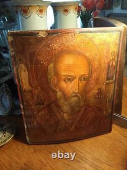 19th Antique Icon Nicholas the Wonderworker Christian Wooden Imperial Russian