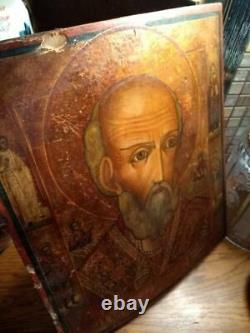 19th Antique Icon Nicholas the Wonderworker Christian Wooden Imperial Russian