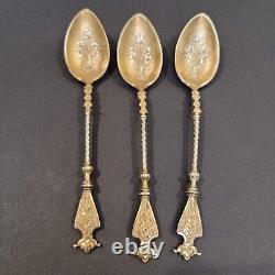 3 Demitasse Spoons Engraved Imperial Russian 84 Silver Gilt 4 3/8 Riga Muller