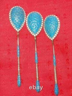 3 Spoons Cloisonne Enamel Silver 84 Gustav Klingert Set Russian Imperial Antique