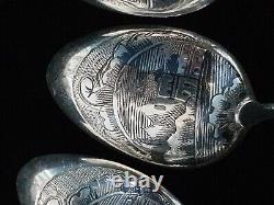 4 Rare Imperial Russian 84 Silver Tea Spoons Moscow Architecture Chased Feather