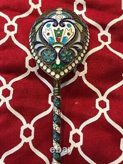 6 ANTIQUE 1900's RUSSIAN IMPERIAL SILVER ENAMEL SERVING SPOON by FABERGE 84 RARE