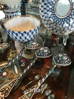 6 ANTIQUE 1900's RUSSIAN IMPERIAL SILVER ENAMEL SERVING SPOON by FABERGE 84 RARE