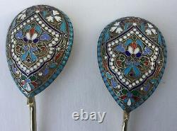 A Pair Of Antique Russian Imperial Cloisonné Enamel And Silver Dinner Spoons
