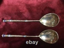 A Pair Of Antique Russian Imperial Cloisonné Enamel And Silver Dinner Spoons