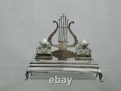 ANTIQUE IMPERIAL RUSSIAN 84 SILVER INK STAND INKWELL DESK SET Musical Motif Lyre