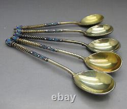 ANTIQUE IMPERIAL RUSSIAN SET 5 SOLID SILVER GILT & CHAMPLEVE ENAMEL SPOONS c1885