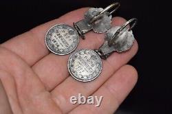ANTIQUE IMPERIAL russian SILVER 84! Stone SALMON CORAL earrings coins Handmade