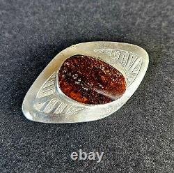 ANTIQUE RUSSIAN IMPERIAL 84 STERLING SILVER & BALTIC AMBER PIN BROOCH 19th C