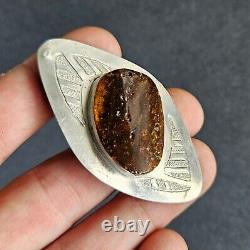 ANTIQUE RUSSIAN IMPERIAL 84 STERLING SILVER & BALTIC AMBER PIN BROOCH 19th C