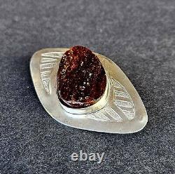 ANTIQUE RUSSIAN IMPERIAL 84 STERLING SILVER & BALTIC AMBER PIN BROOCH 19th C