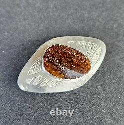 ANTIQUE RUSSIAN IMPERIAL 84 STERLING SILVER & BALTIC AMBER PIN BROOCH 19th C