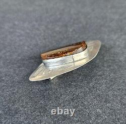 ANTIQUE RUSSIAN IMPERIAL 84 STERLING SILVER & BALTIC AMBER PIN BROOCH 19th C