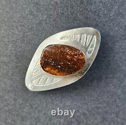 ANTIQUE RUSSIAN IMPERIAL 84 STERLING SILVER & BALTIC AMBER PIN BROOCH 19th C