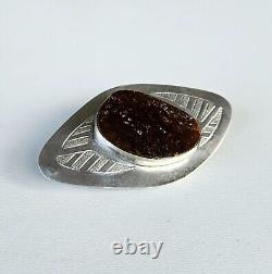 ANTIQUE RUSSIAN IMPERIAL 84 STERLING SILVER & BALTIC AMBER PIN BROOCH 19th C