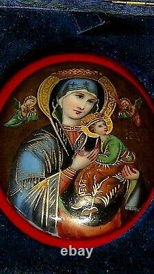 ANTIQUE19c RUSSIAN IMPERIAL PAINTED ON PORCELAIN VIRGIN MARY TRAVEL ICON IN CASE