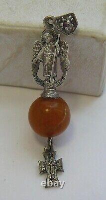 Angel Pendant Silver 88 Amber Orthodox Cross Imperial Russian 1899-1908