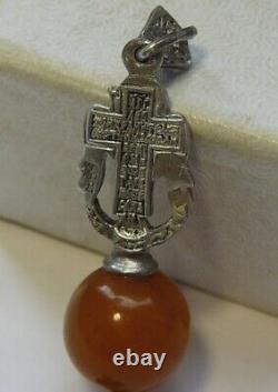 Angel Pendant Silver 88 Amber Orthodox Cross Imperial Russian 1899-1908