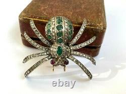 Ant. Imperial Russian Faberge Spider Brooch 14K 56 Gold Diamonds Ruby & Emeralds