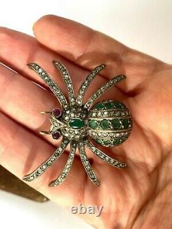 Ant. Imperial Russian Faberge Spider Brooch 14K 56 Gold Diamonds Ruby & Emeralds