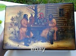 Antique 1880's Vishnyakov Factory Russian Lacquer Box Imperial Era Fedoskino