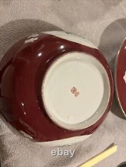 Antique 1890'S Imperial Russian Porcelain Red Floral Bowl & Plate Set Marked 14