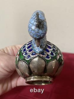 Antique 1894 Faberge Imperial Russian 88 Silver Enamel Kovsh Bird Peacock