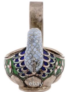 Antique 1894 Faberge Imperial Russian 88 Silver Enamel Kovsh Bird Peacock