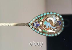 Antique 1896 Russian Imperial Silver Cloisonné Enamel Spoon Signed