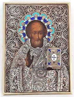 Antique 19th C Russian Icon of St. Nicholas in Silver 84 Enamel Filigree Riza