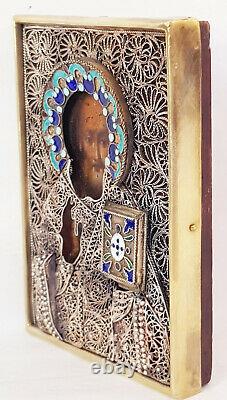 Antique 19th C Russian Icon of St. Nicholas in Silver 84 Enamel Filigree Riza
