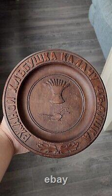 Antique 19th century Russian imperial round wooden carving plate handmade RARE