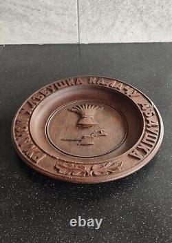 Antique 19th century Russian imperial round wooden carving plate handmade RARE