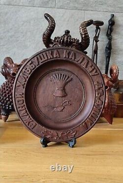 Antique 19th century Russian imperial round wooden carving plate handmade RARE