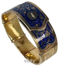 Antique 19thC Imperial Russian 14K Gold Cobalt Enameled Etched Bangle Bracelet