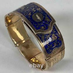 Antique 19thC Imperial Russian 14K Gold Cobalt Enameled Etched Bangle Bracelet