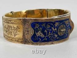 Antique 19thC Imperial Russian 14K Gold Cobalt Enameled Etched Bangle Bracelet