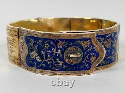 Antique 19thC Imperial Russian 14K Gold Cobalt Enameled Etched Bangle Bracelet