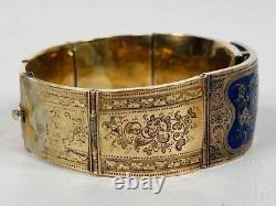 Antique 19thC Imperial Russian 14K Gold Cobalt Enameled Etched Bangle Bracelet