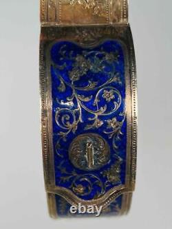 Antique 19thC Imperial Russian 14K Gold Cobalt Enameled Etched Bangle Bracelet