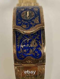 Antique 19thC Imperial Russian 14K Gold Cobalt Enameled Etched Bangle Bracelet